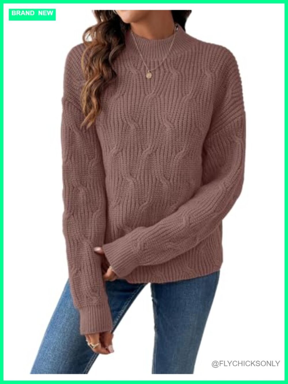 Oversized Cable Knit Mock Neck Sweater Women's Long Sleeve Pullover